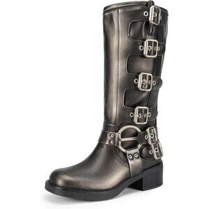 ⚡Women's Silver Polyurethane Knee High Riding Side Zipper Chunky Heel Boots